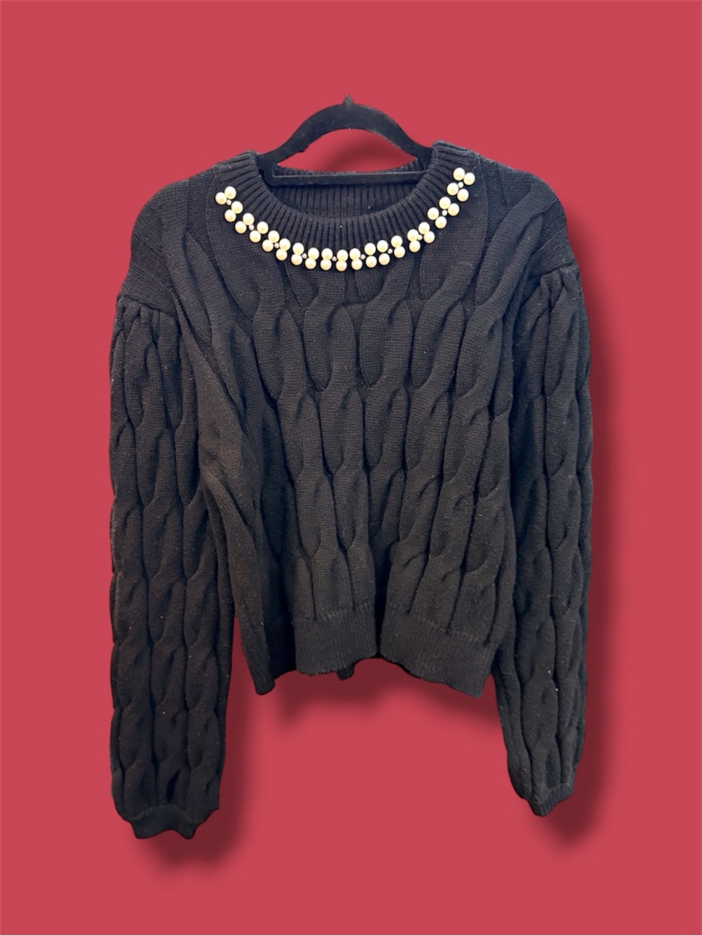 lola Black Cable-Knit Sweater with Pearl Necklace Detail - Picture 2 of 5